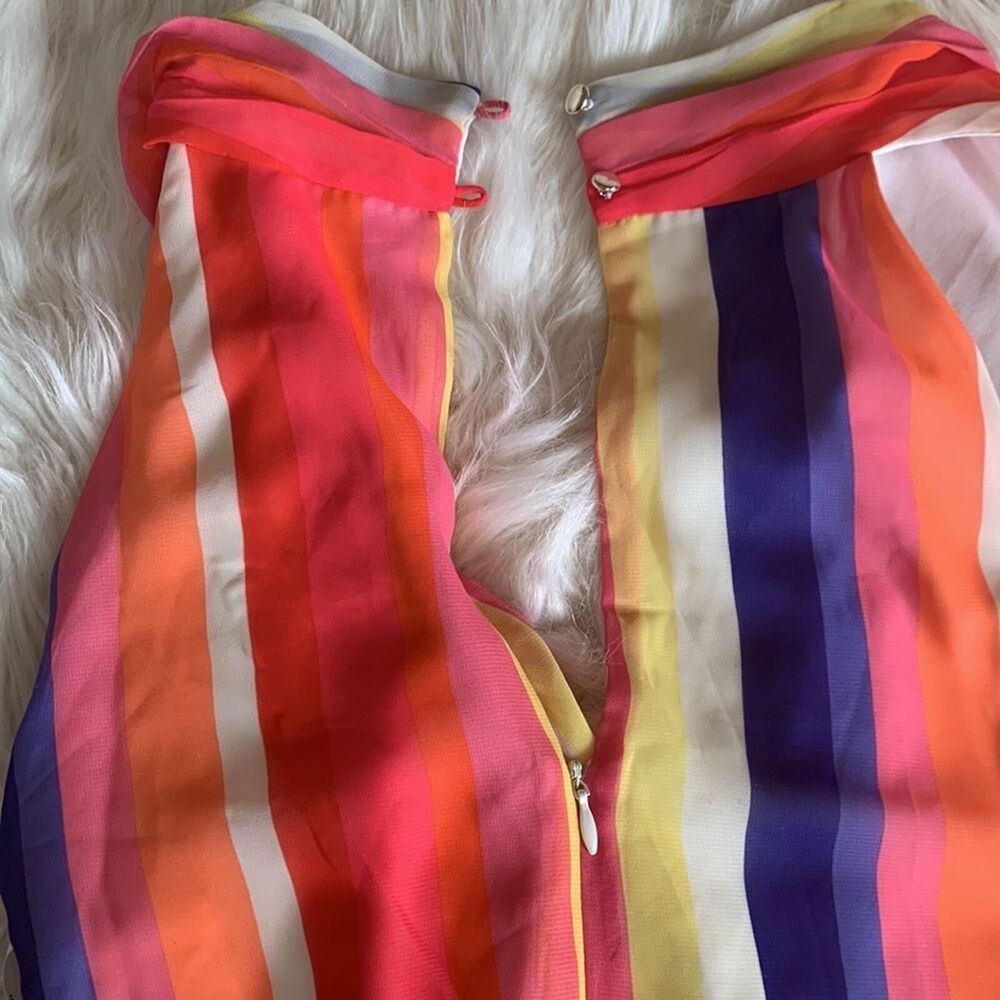 Julia Jordan Rainbow Stripe Surplice Wrap Midi Dress 12 Flounce Hem Sleeveless - Picture 9 of 11